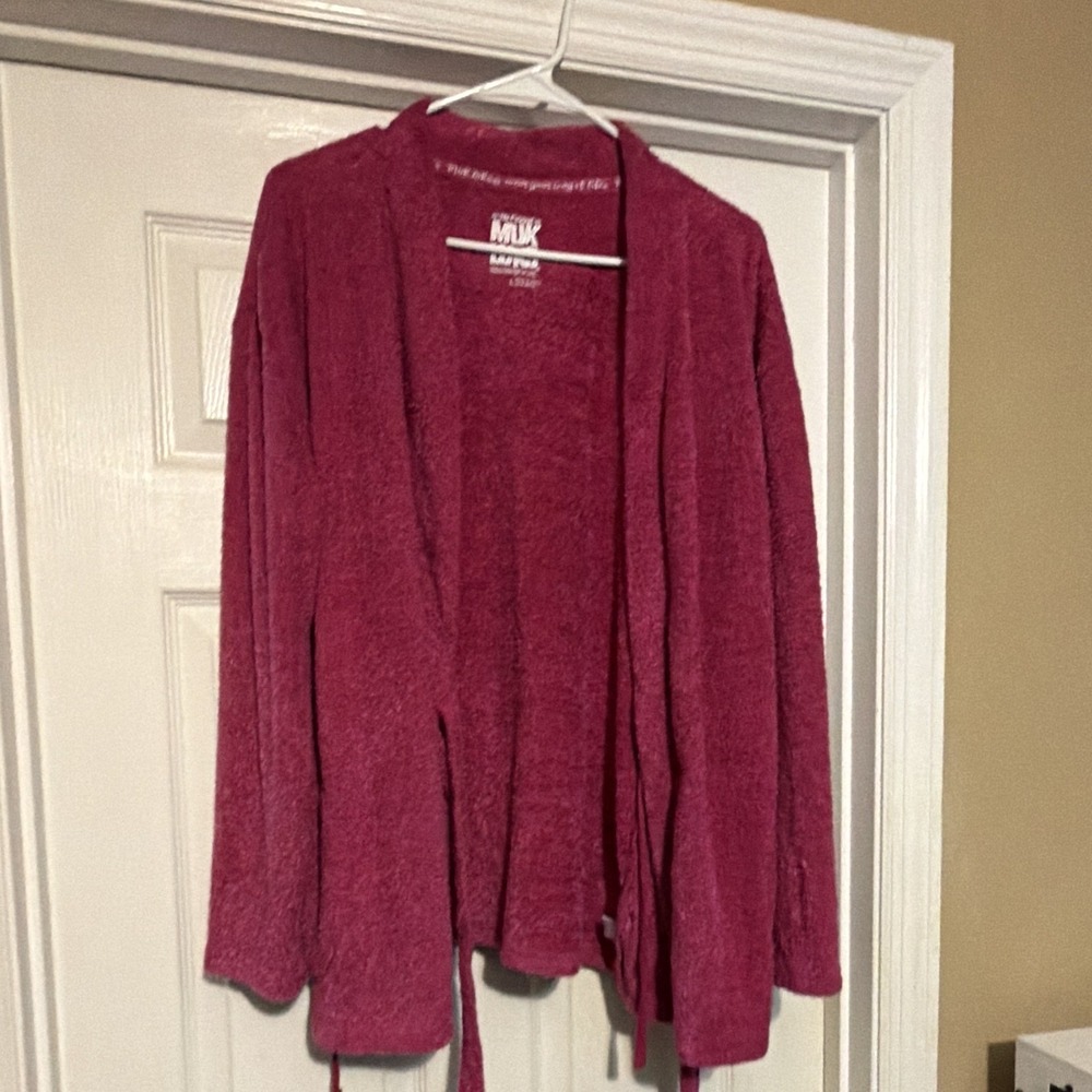 MUK LUKS Women's Size L Pink Fuzzy Knit Cardigan Sweater Open Front Tie